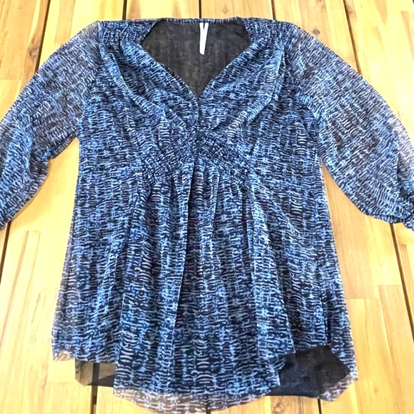 Athropologie Womens 3/4 Sleeve Mesh Multi‎ Layered Babydoll Blue Patterned Top S - Picture 1 of 4